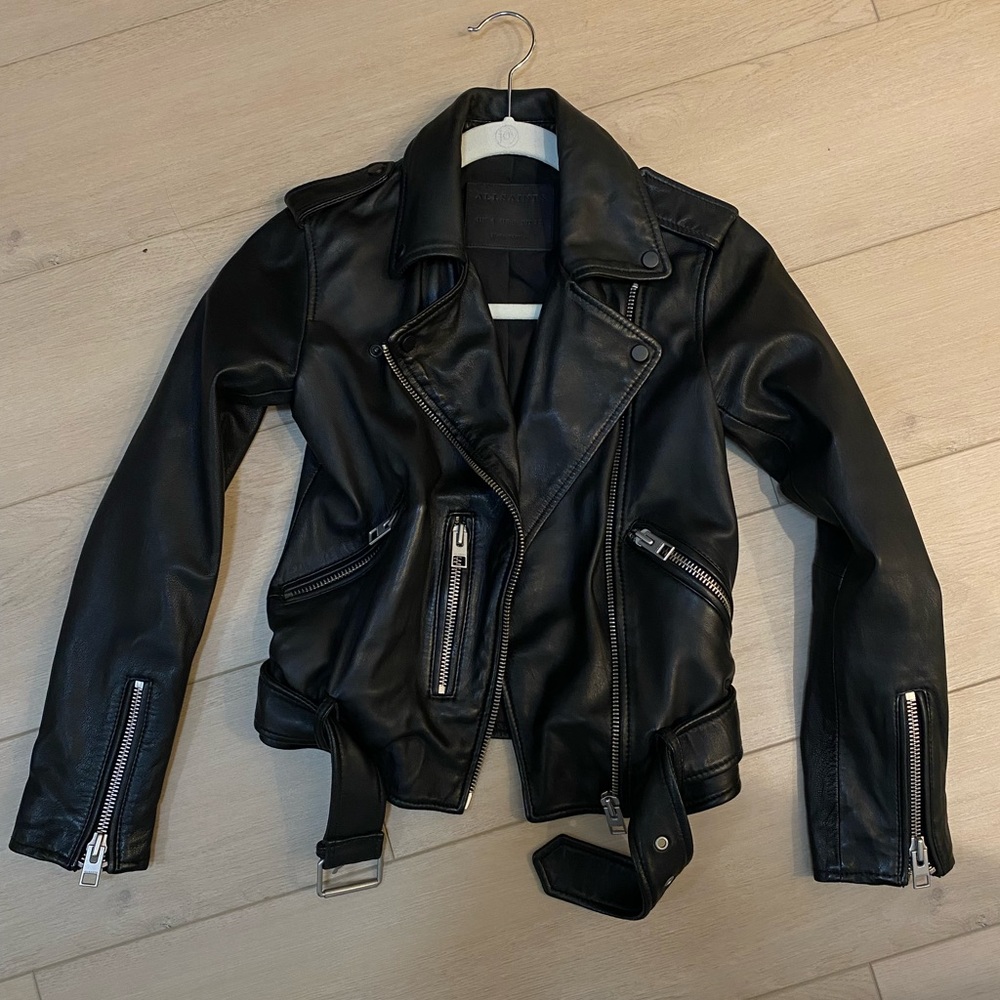 New All Saints Balfern Leather Biker Jacket in Black/Silver size 0